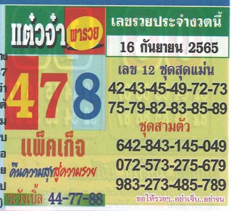 เลขเด็ด หวยแต๋วจ๋า16/9/65